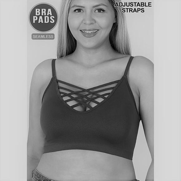 1X/2X Black Front V Lattice Bralette + bra padding adjustable straps Zenana - Picture 4 of 15